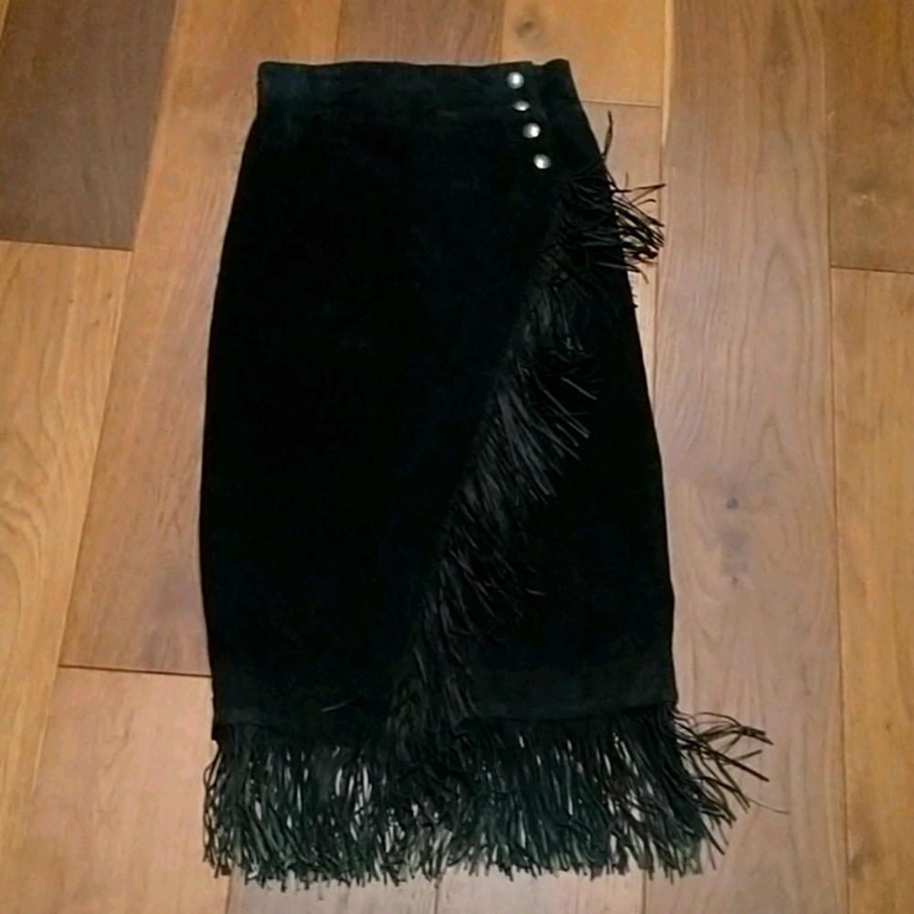 S. H. E. Apparel suede fringe skirt